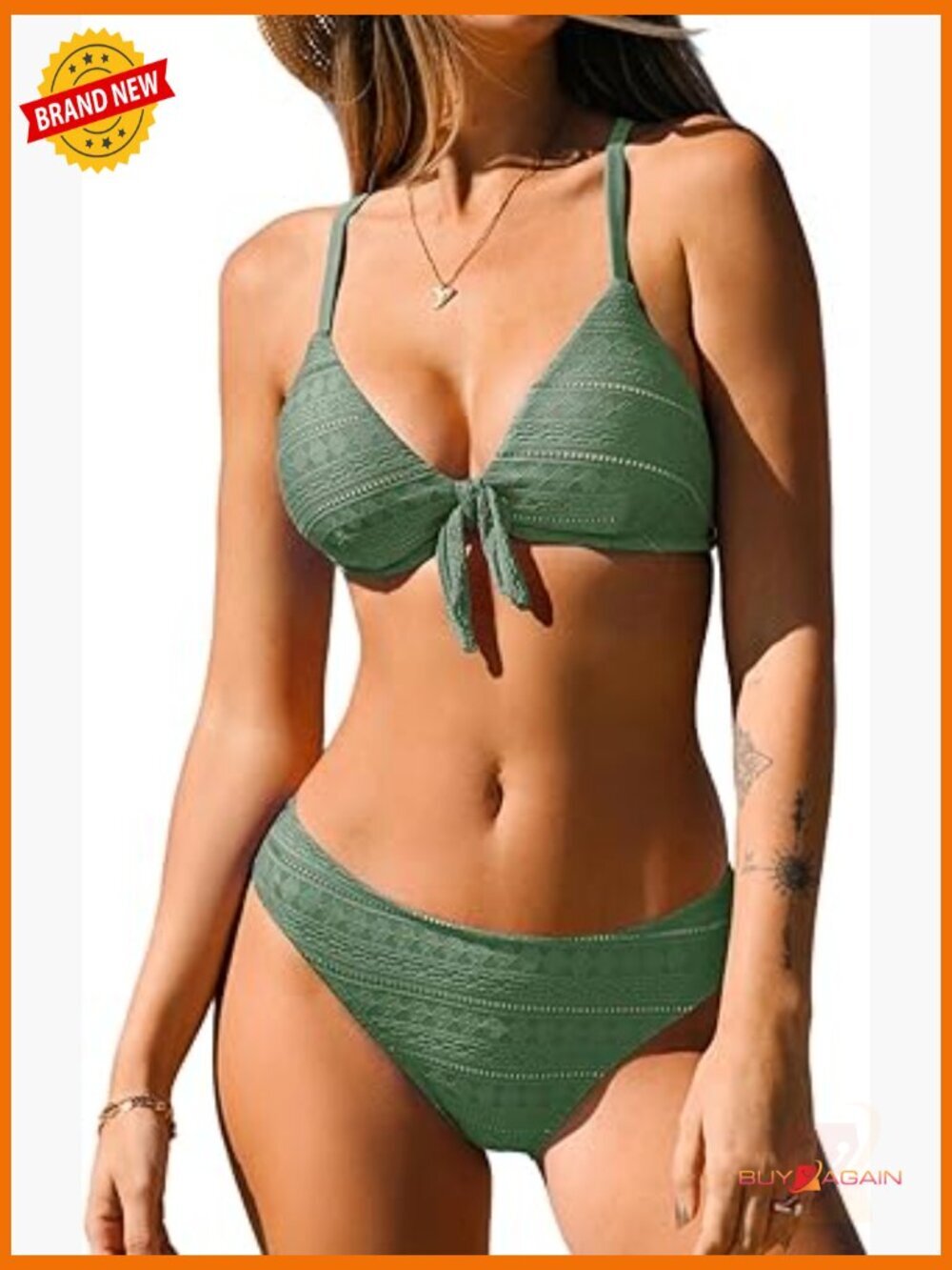 V Neck Bikini Set Textured Bunny Tie Adjustable Straps Two Piece Swimwear